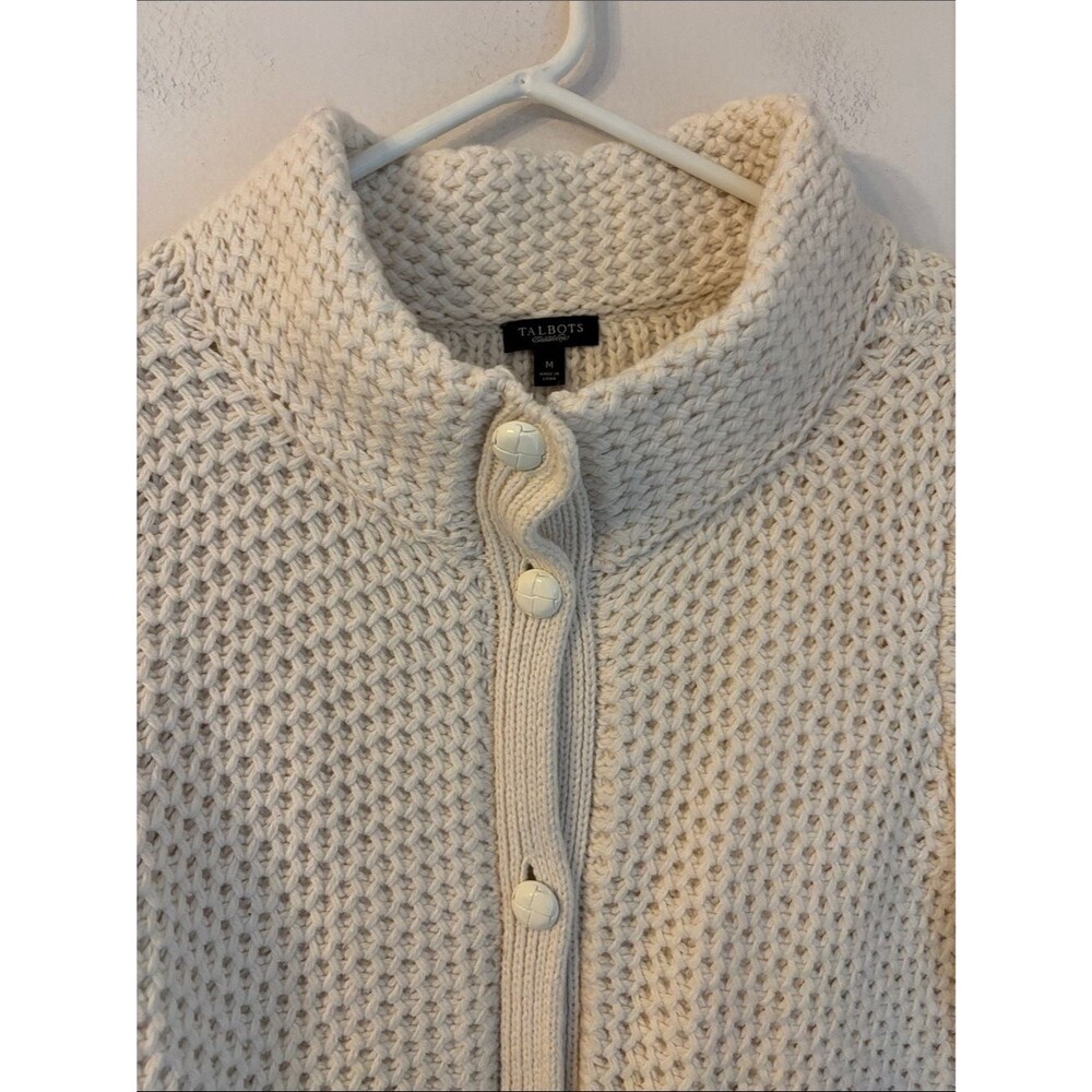 Talbots Cream Chunky Knit cowl front Button Cardigan wool blend sweater women MD - Picture 3 of 9
